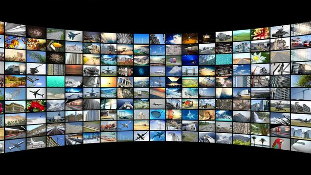 Wall of screens, many images - great for topics like broadcasting tv channels or movies over the Internet, entertainment etc - loopable digital animation - 4K animation (3840x2160 px), 3D rendering
