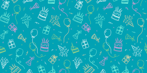 Fun hand drawn party seamless background with cakes, gift boxes, balloons and party decoration. Great for birthday parties, textiles, banners, wallpapers, wrapping - vector design