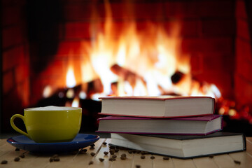 coffee with books on the background of uamine