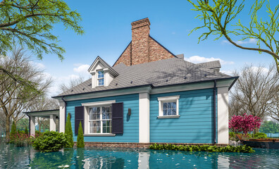 3d rendering of classic house in colonial style in spring water cataclysm. House is experiencing a devastating flood. General evacuation is underway