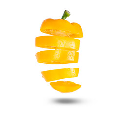 Plakat Creative concept with flying yellow bell peppers, sliced ​​bell peppers. isolated on white background 