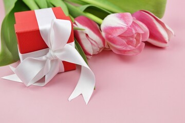 pink tulips with gift box