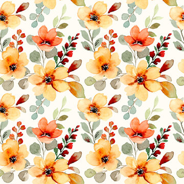 Seamless pattern of yellow and orange floral with watercolor