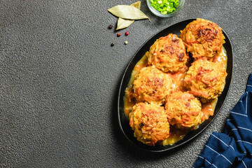 Vegetarian vegetable meatless balls in cast iron skillet. Top view, space for text.
