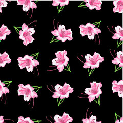 Seamless pattern with pink rhododendron flowers on black background. Hand drawn in colored pencils. Tender and romantic design perfect for wedding invitations, postcards, wrapping paper, scrapbooking