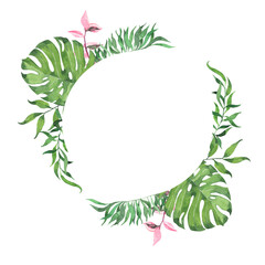 Fototapeta na wymiar Green tropic and pink leaves round card. Hand drawn watercolor illustration.