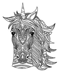 Unicorn head coloring book illustration. Black and white lines. Print for t-shirts and coloring books. 

