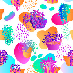 Fototapeta premium Pattern vector neon tropical fern. Purple, pink and blue monstera leaves plants on a white background.
