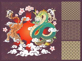 Abstract Art Japanese Tiger Climb down and Dragon Flying with Sun, Radiant, Water Splash, Sakura Flowers with Branch and White Cloud Shape on Diamond Pattern Black Background Design for Wrapping Paper