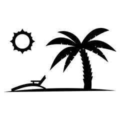 Palm tree with sun in black color. Glyph icon, relaxes. Palm tree on the beach with sonbed. Tropical floral. Summer logotype. Vacation icon. Vector