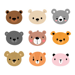 Adorable bears. Set of cute cartoon animals portraits. Fits for designing baby clothes. Hand drawn smiling characters. Happy animal