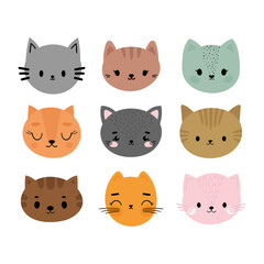 Adorable cats. Set of cute cartoon animals portraits. Fits for designing baby clothes. Hand drawn smiling characters. Happy animal