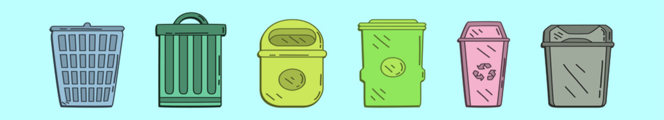 set of waste basket cartoon icon design template with various models. vector illustration isolated on blue background