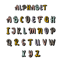 Hand drawn alphabet. Colorful font. Cute elements for your design. Use it for create greeting cards, poster, birthday party, wrapping paper, t-shirts, invitation