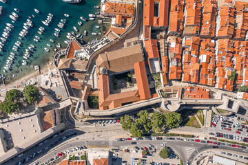 Fototapeta premium Aerial overhead drone shot of Dubrovnik old town Dominic Monastery in city wall in Croatia summer