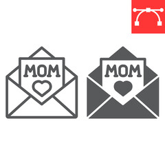 Letter for mom line and glyph icon, envelope and heart, letter for mother vector icon, vector graphics, editable stroke outline sign, eps 10.