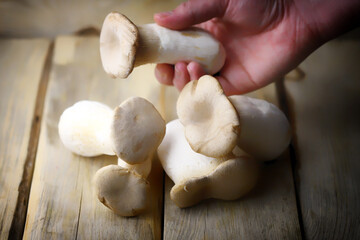 Raw eringi mushrooms on a wooden surface.