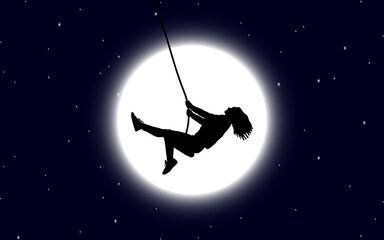 vector illustration image of a black silhouette of a girl with loose hair swinging on a swing against the background of the big moon and the night starry sky