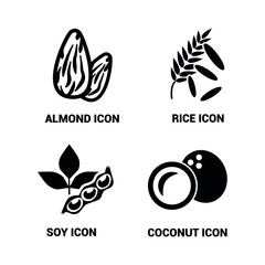 Vector image. Food icons. Soy, almond, coconut, rice icon.