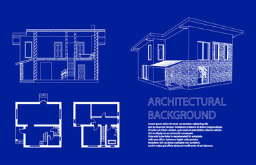 Perspective 3D, floor plan and cross section suburban house. Drawing of the modern building. Cottage project on blue background. Vector architectural blueprint.