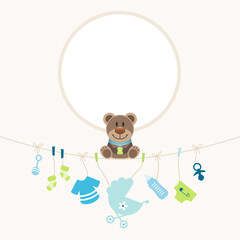 Teddy Hängende Babysymbole Junge Blau Grün Runder Rahmen Beige