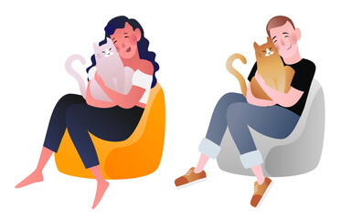 Set with characters. Girls and boys with their cats. Colored vector illustration