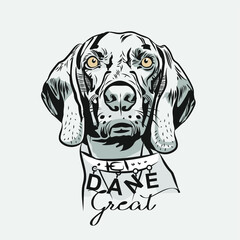 Great Dane in a collar with letters and chains. Vector portrait of a dog with a sad look. Cute grey dog