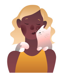 Girl with a cat on her shoulders. Colored vector illustration