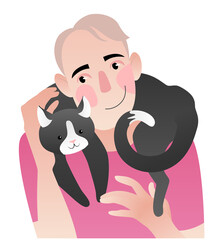 A man with a cat on his shoulders. Colored vector illustration