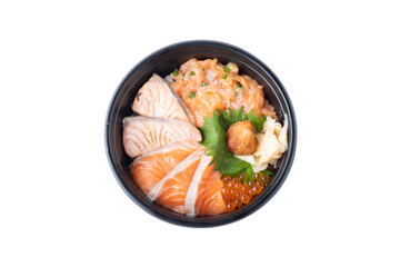 Fresh salmon don buri, raw salmon with salmon roe, shiso leaf and Japanese rice in plastic bowl. Top view.