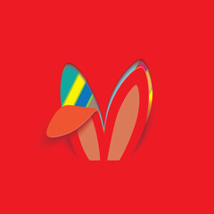 Red Happy Easter greeting card with color paper cut Easter Bunny Ears isolated on a striped colorful background