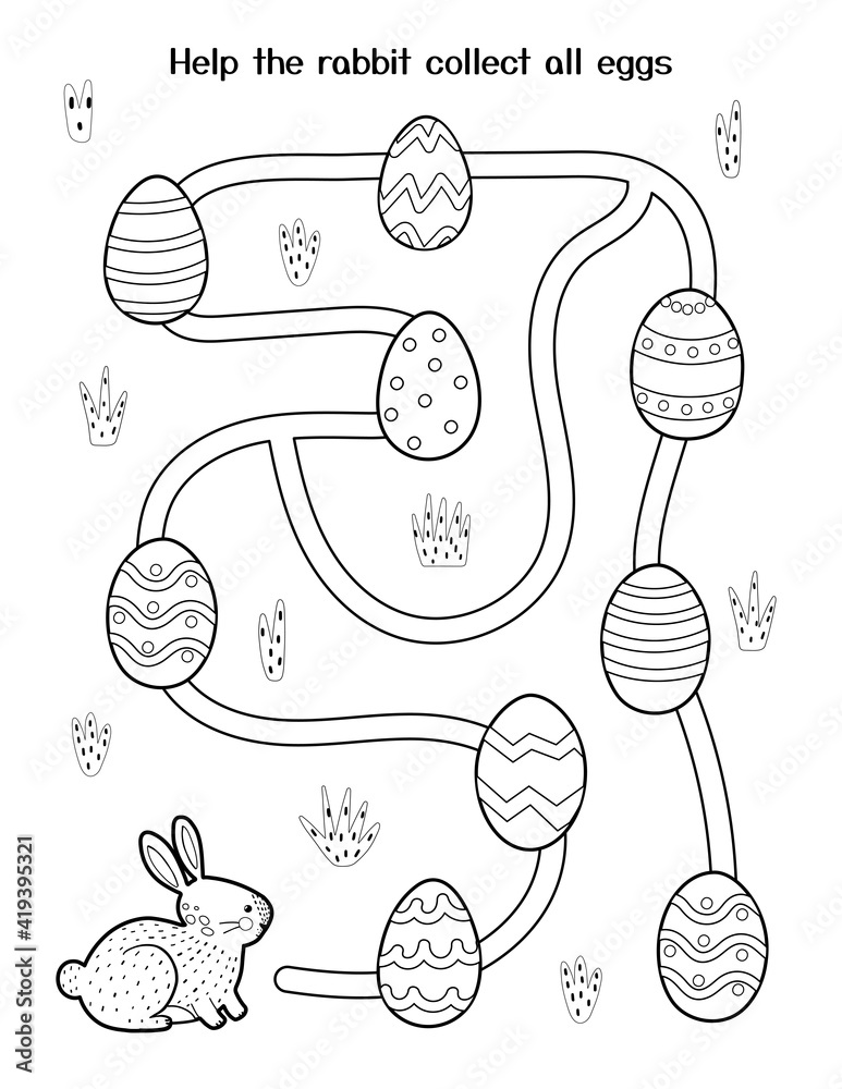 Wall mural help little rabbit to collect all eggs. easter maze game for kids. black and white spring activity p