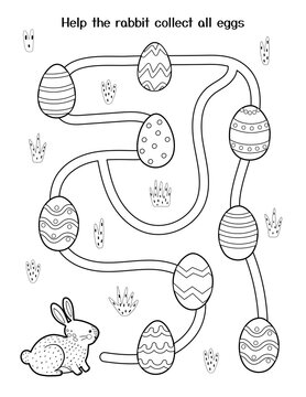 Help little rabbit to collect all eggs. Easter maze game for kids. Black and white spring activity page. Easter bunny labyrinth puzzle. Vector illustration