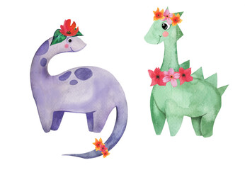 Green and violet cute nursery dinosaurs hand painted in watercolor, with floral botanical wreaths with tropical flowers. Baby shower decoration, ideal for invitations, coloring books, cartoon style.