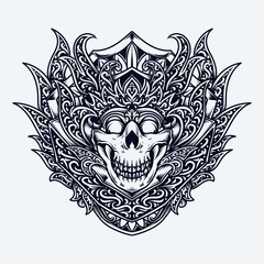 tattoo and t-shirt design black and white hand drawn king skull engraving ornament