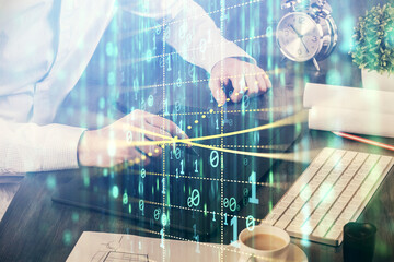 Multi exposure of man's hands holding and using a digital device and data theme drawing. Innovation concept.