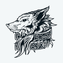 tattoo and t-shirt design black and white hand drawn wolf engraving ornament