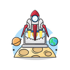 Illustration Vector Graphic of Startup Business Concept with The Rocket Takes Off Inside The laptop From The Moon and Some Planets Icon..