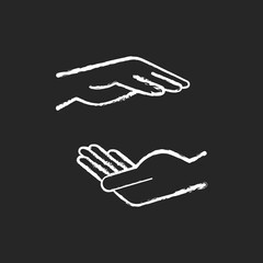 Two hands holding something chalk white icon on black background. Free space for the premises of the object. Empty space between hands. Maternal care. Isolated vector chalkboard illustration