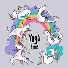 Cartoon character Little white Unicorn on a rainbow. Practicing Yoga. Healthy Lifestyle. Fun poster, t-shirt composition, handmade vector illustration. © Afishka