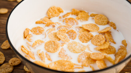 Eco healthy food background. Corn flakes with milk. Healthy food