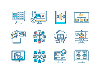 Distance learning RGB color icons set. Free online course. Audiobook, e-book. Virtual class session. Application programs. International community. Digital curriculum. Isolated vector illustrations