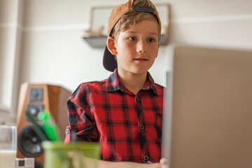 Cute boy surfing the Internet on a computer at home.