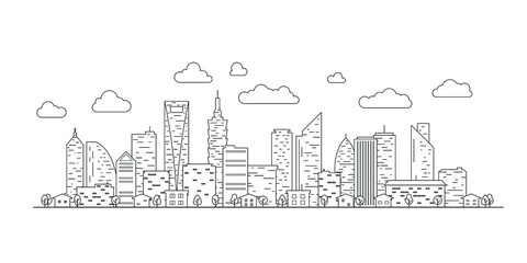 Fototapeta premium City landscape template. Thin line City landscape. Downtown landscape with high skyscrapers. Panorama architecture buildings Isolated outline. Urban life Vector illustration.