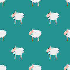 Seamless vector pattern with white sheep on a green background. Background for textiles, covers, screensavers, children is bed linen.