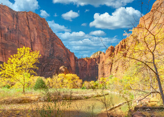 Beautiful landscapes, views of incredibly picturesque rocks and mountains in Zion National Park, Utah, USA
