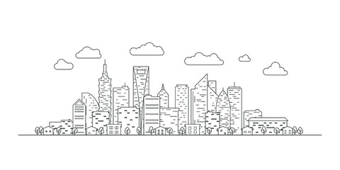 City landscape template. Thin line City landscape. Downtown landscape with high skyscrapers. Panorama architecture buildings Isolated outline. Urban life Vector illustration.