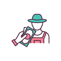 Farmer produce trade RGB color icon. Fair trade policy. Achieving equitable trading relationships. Working with agricultural workers. Producers financial wellbeing. Isolated vector illustration