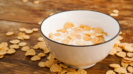 Eco healthy food background. Corn flakes with milk. Healthy food