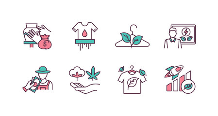 Responsible business RGB color icons set. Textile recycling. Support small business. Quality over quantity. Slow fashion. Resource productivity. Natural fabrics. Isolated vector illustrations